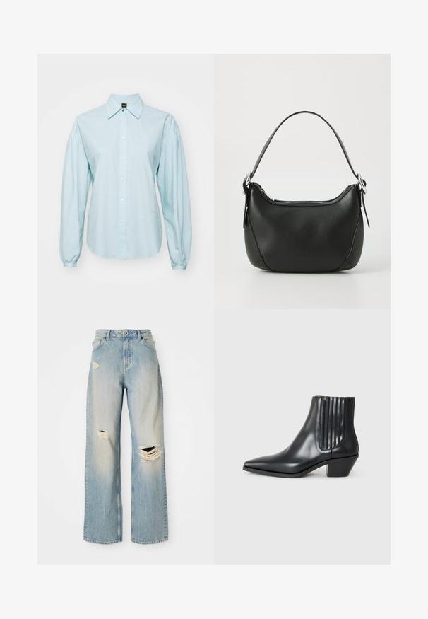 Light blue button-up shirt with long puffed sleeves, made of smooth fabric, featuring a classic collar and a subtle logo at the hem.; Light blue straight-leg jeans with high waist, belt loops, and distressed rips on the left thigh, right knee, and lower left leg.; Black leather ankle boot with pointed toe, elastic side panels with vertical grooves, and a low block heel. Smooth texture and sleek design.; Black leather handbag with a curved shape, silver zipper, and a short handle. Features a subtle logo on the front and smooth texture.
