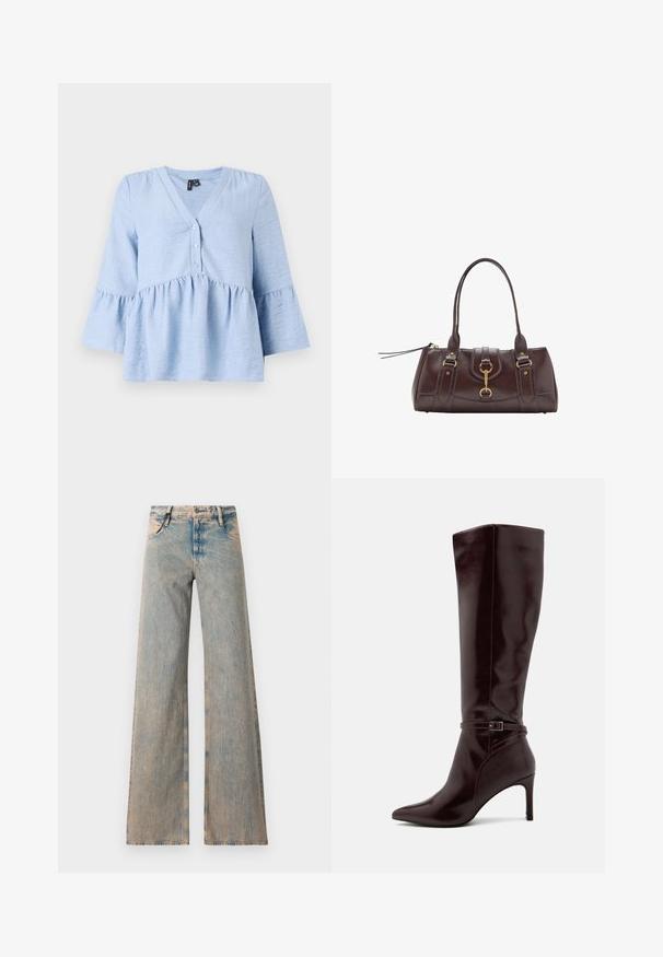 Svijetloplava, teksturirana bluzica s V-izrezom, dugmadima sprijeda i lepršavim rukavima. Ima skupljeni struk za dodatni oblik.; Rjava brezrokavna majica z drapiranim sprednjim delom, stranskim nabiranjem in dvema okrasnima gumboma na rami v gladkem, raztegljivem materialu.; Svijetloplave široke traperice s izblijedjelim izgledom, koje imaju pet džepova i omče za pojas, izrađene od traper tkanine.; Anna Field Škornji - bordeaux; Temno rjava usnjena torbica z dvema zgornjima ročajema, zlatimi dodatki, podrobnostjo sprednjega zapiranja in šivanim teksturo na straneh.