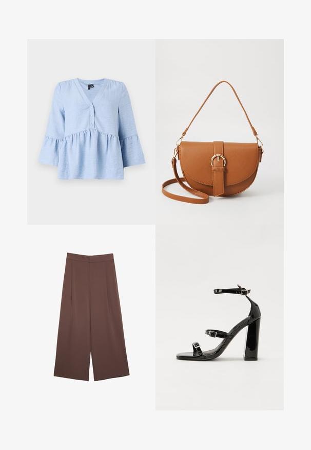 Hellblaue, strukturierte Bluse mit V-Ausschnitt, Knöpfen vorne und ausgestellten Ärmeln. Verfügt über eine geraffte Taille für zusätzliche Form.; Braune Weite-Leg-Hosen mit einer glatten Textur, hoher Taille und Vorderfalten. Der Stoff ist leicht und fällt locker.; Schwarze patentierte Sandalen mit Absatz, quadratischer Spitze, Knöchelriemen und silbernen Schnallen. Mit einem stabilen Blockabsatz für mehr Stabilität.; Braune Leder-Crossbody-Tasche mit geschwungener Form, goldfarbenen Beschlägen und einer Schnallenakzentuierung. Verfügt über einen abnehmbaren Schultergurt.