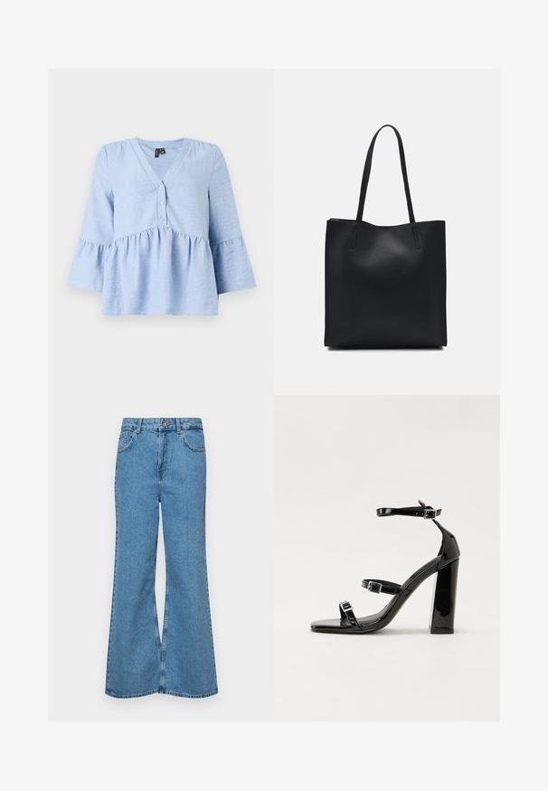 Light blue, textured blouse with a V-neck, buttons down the front, and flared sleeves. Features a gathered waist for added shape.; Light blue flared jeans made of denim, featuring a high waist, five pockets, and a single button closure. Soft texture with faded finish.; Black patent heeled sandals with a square toe, ankle straps, and silver buckles. Features a chunky block heel for stability.; Black leather tote bag with smooth texture, rectangular shape, and two long handles. No visible hardware or embellishments.