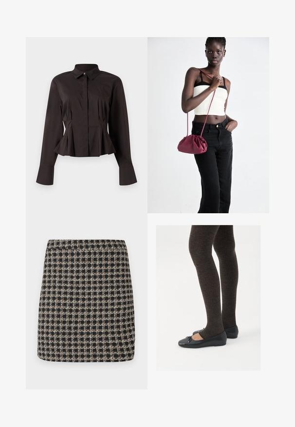Blouse noire à manches longues pour femme, avec un col pointu, des boutons cachés sur le devant, une taille cintrée et un ourlet ainsi que des poignets évasés.; Jupe mini à carreaux noire et beige avec un tissage texturé et une ceinture lisse, présentant une coupe structurée et un design simple.; Chaussures plates noires avec un petit nœud au niveau des orteils, associées à des collants côtelés marron foncé. Les chaussures ont une texture lisse et un profil bas.; Sac à main en tissu doux bordeaux avec un design froncé et une longue sangle, porté en bandoulière. Le mannequin porte un top court blanc et un jean noir.