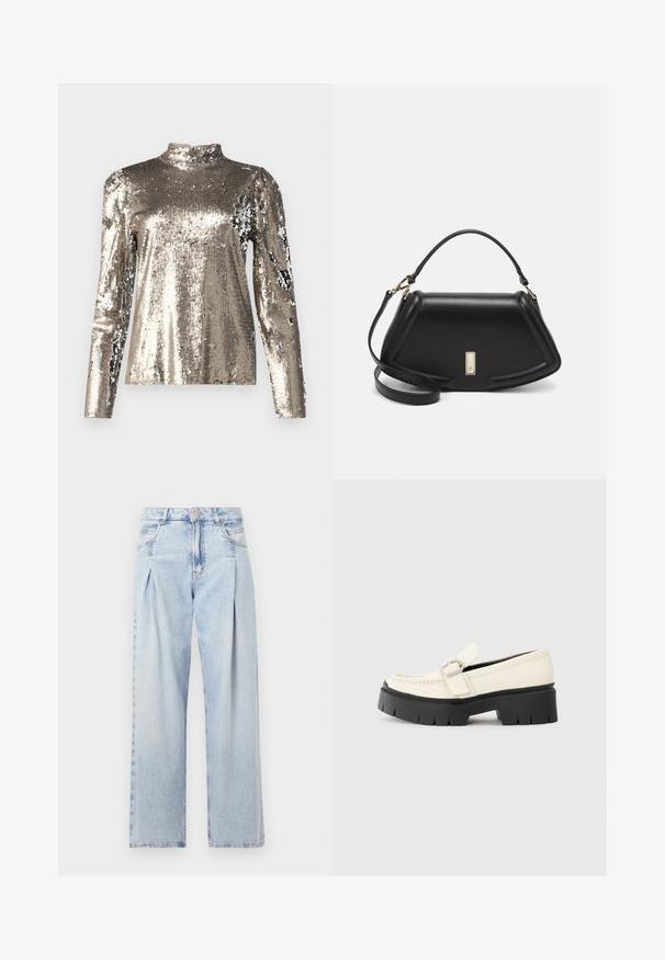 Długi rękaw, bluzka z wysokim kołnierzem pokryta srebrnymi cekinami. Posiada gładką teksturę, dopasowany krój oraz detale w postaci bufiastego rękawka.; Jasnoniebieskie dżinsy z wysokim stanem, szerokimi nogawkami, dwoma bocznymi kieszeniami oraz plisowanym wzorem. Miękka tekstura z wyblakłym wykończeniem.; Białe skórzane mokasyny z grubą czarną platformą, z prostokątną srebrną klamrą i widocznym przeszyciem na cholewce.; Czarna skórzana torebka o strukturalnym designie, z przyciętą formą, górnym uchwytem i złotymi akcentami. W zestawie regulowany pasek na ramię.