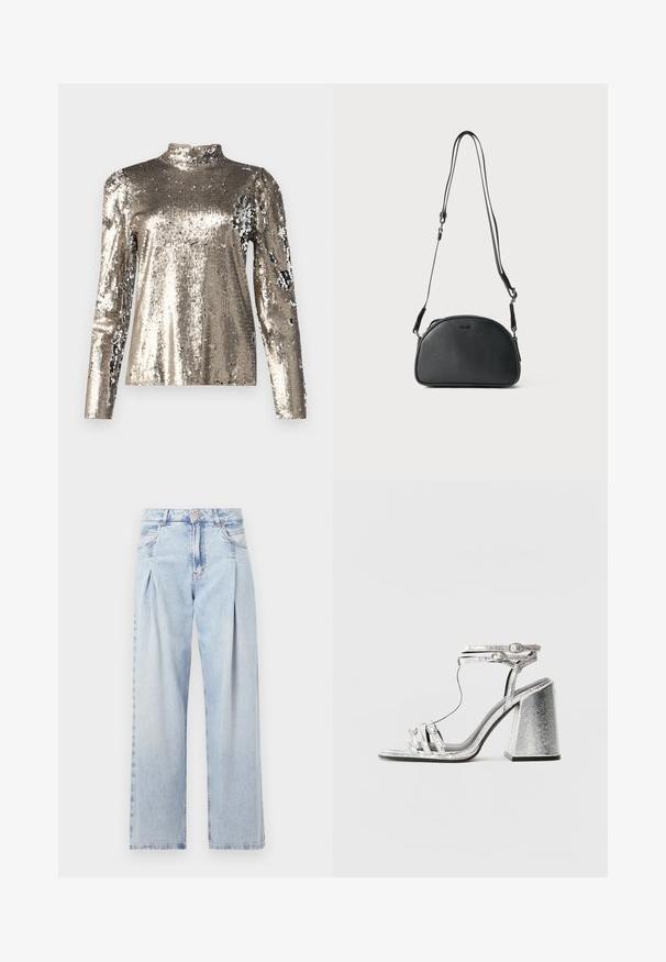 Pikkade varrukatega, kõrge kaelusega pluus, kaetud hõbedaste sädelevate strassidega. Omab siledat tekstuuri ja istuvat siluetti ning puffed õlavarre disaini detaile.; Heledad sinise denimist valmistatud teksapüksid kõrge vöökohaga, laia jala lõikega, kahe külje taskuga ja pleedi disainiga. Pehme tekstuur ja pleekinud viimistlus.; Hallidega hõbedased sandaalid, millel on plokknööp, õhukeste rihmadega ja pahkluu klambriga. Materjalil on metallik viimistlus ja tekstureeritud välimus.; Must musta ristkõhu kott ümmarguse kujuga, kahe reguleeritava rihmaga ja diskreetse logoga ees. Tekstureeritud välimus, minimalistlik disain.