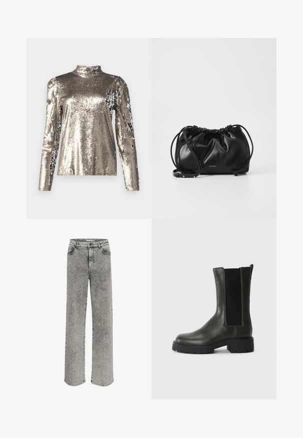 Langermet topp med høy hals dekket i sølv paljetter. Har en glatt tekstur med en tettsittende silhuett og puffede skulderdesigndetaljer.; Grå denimjeans med rett bendesign, prydet med sølvnagler overalt. Har en klassisk fem-lomme stil og knappefeste.; Grønn skinn ankelstøvel med elastiske sidepaneler, rund tå og gummisal. Har en teksturert overflate og blokkhæl.; Svart lærveske med samlet design, dobbel snoråpning og avtagbar skulderrem. Har metallisk logodetalj.