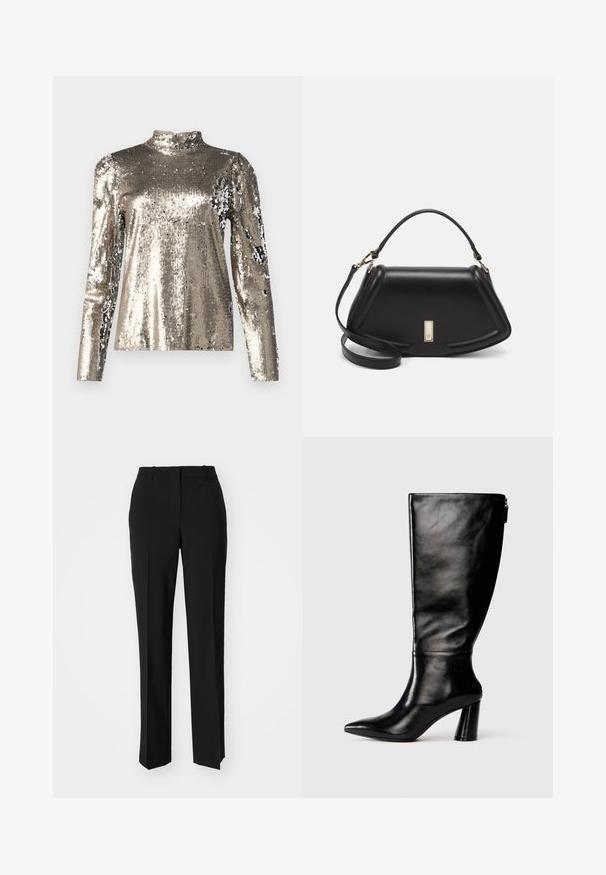 Dlhý rukáv, top s vysokým golierom pokrytý striebornými flitrami. Má hladkú textúru, priliehavý strih a detaily s nafúknutými ramenami.; Čierne krajčírské nohavice so strihom rovného nohu, s hladkou textúrou a ostrými skladmi pozdĺž prednej časti. Žiadne viditeľné hardvér.; Čierna kožená čižma po kolená s špicatou špičkou, hladkou textúrou a masívnym opätkom. Obsahuje detail zipsu na zadnej strane.; Čierna kožená kabelka so štruktúrovaným dizajnom, s krátkym tvarom, hornou rúčkou a zlatými prvkami. Súčasťou je nastaviteľný ramenný popruh.