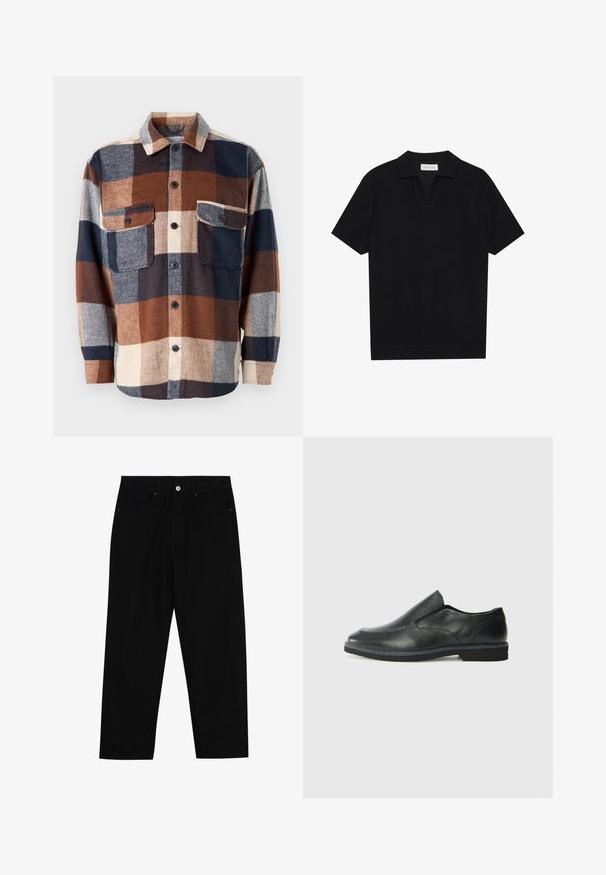 Camisa de franela a cuadros en marrón, azul marino y crema. Presenta un cierre de botones en la parte delantera, dos bolsillos en el pecho y un cuello extendido. Textura suave.; Polo de manga corta negro con tejido texturizado y acanalado, con escote en forma de V y dobladillo recto. Sin logos ni patrones visibles.; Pantalones de mezclilla negra con corte recto, diseño de cinco bolsillos y cierre frontal con botón. Textura suave con detalles de costura mínimos.; Zapato negro de cuero sin cordones con un upper suave, detalles de costura, punta redonda y un bajo tacón de goma. La suela presenta una tracción mínima.