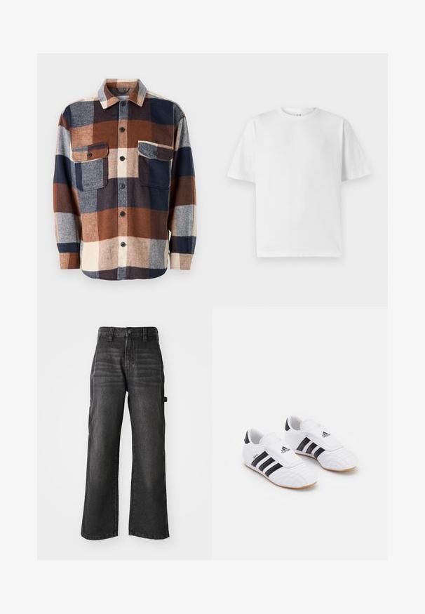 Polygonet flannel skjorte i brun, marineblå og creme. Har en knaplukning foran, to brystlommer og en spredt krave. Blød tekstur.; Hvid bomulds T-shirt med rund halsudskæring og korte ærmer. Har en løs pasform og en glat tekstur. Ingen synlige mønstre eller grafikker.; Bredde ben, sorte denim bukser lavet af blød bomuld med en falmet finish. Har en frontknaplukning og sidelommer.; Hvide træningssko med sorte striber, med en suede-lignende tekstur, afrundet tå og velcro-rem. Gummisål for godt greb.