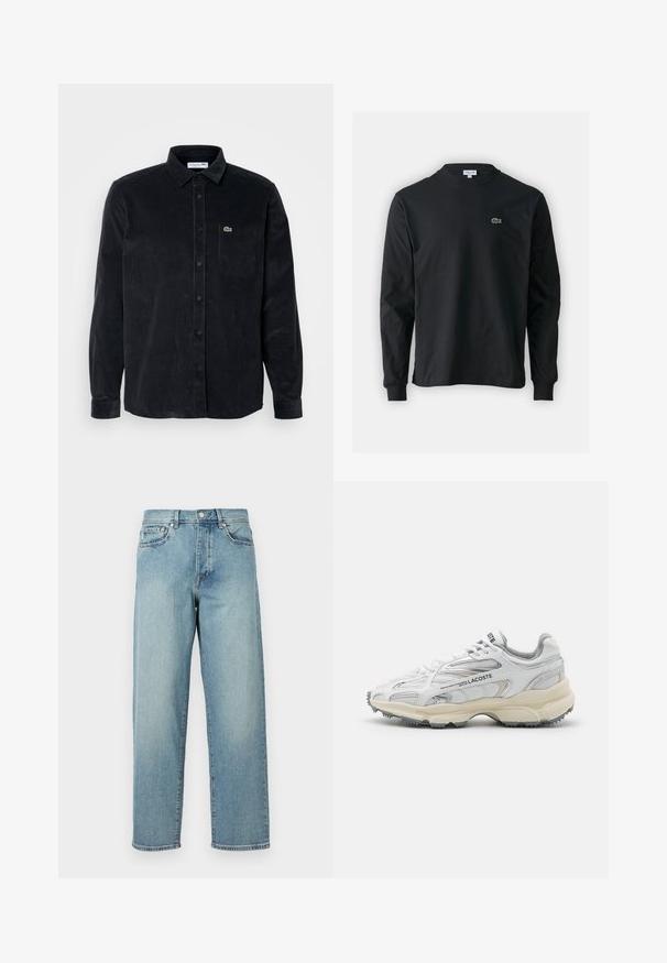 Črna kordna srajca z dolgimi rokavi, z gumbnim zapiranjem, koničastim ovratnikom in žepom na levem prsnem delu, ki vsebuje majhno zeleno logo.; Črna dolgi rokavi majica iz bombaža, z okroglim ovratnikom in majhnim zelenim vezenim logotipom krokodila na levem prsnem delu.; Svetlo modri jeans z ohlapnim krojem, ravnimi hlačnicami, petimi žepi in gumbom za zapiranje pri pasu. Minimalistični detajli šivanja.; Bele športne čevlje v beli barvi z sivo obliko, mrežast in sintetičen zgornji del, vezalni sistem in teksturiran gumijast podplat s površinami za oprijem.