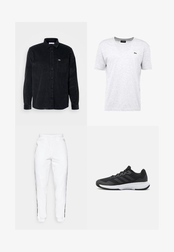 Čierna kordurová košeľa s dlhým rukávom, zapínaním na gombíky, špicatým golierom a ľavým vreckom na hrudi s malým zeleným logom.; Svetlošedé tričko vyrobené z bavlneného zmesi, s okrúhlym výstrihom, krátkymi rukávmi a malým zeleným logom krokodíla na ľavej hrudi.; Biele teplákové nohavice s elastickým pásom, s čiernymi bočnými pruhmi a manžetami. Vyrobené z mäkkej tkaniny s hladkým povrchom.; Čierna atletická topánka s textúrovaným zvrškom, s tromi horizontálnymi pruhmi a bielou podrážkou s vzorovaným profilom. Ľahký a aerodynamický dizajn.