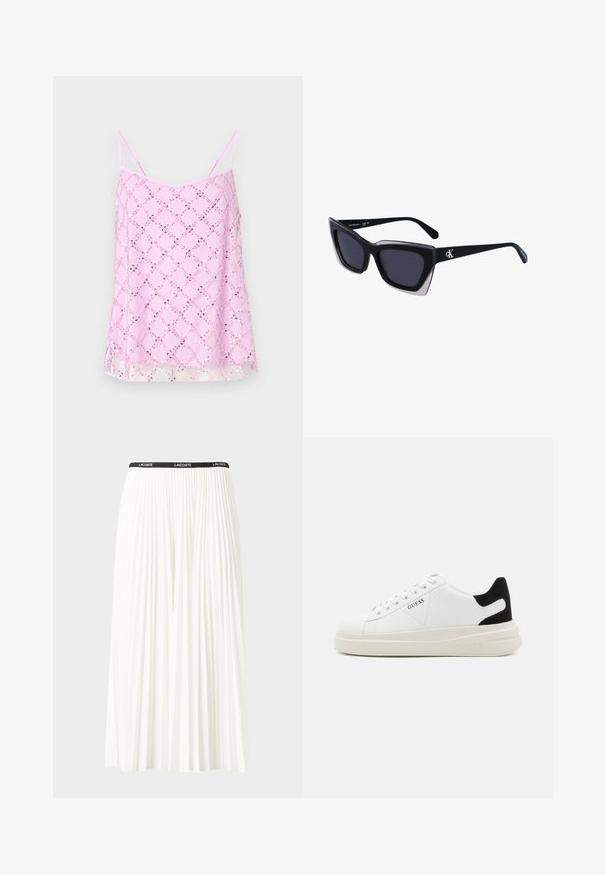 Rozā camisole top ar plānām spaghetti siksnām, rotāts ar mirdzošu secinātu dimantu rakstu, ar caurspīdīgu apakšmalu un gludu auduma tekstūru.; Gari plānas baltas svārku ar melnu elastīgu jostu, uz kuras redzams "LACOSTE" logo. Vidēja garuma dizains ar mīkstu tekstūru.; Baltas ādas sporta apavi ar biezu balto zoli, melna zamša uzpura un izspiestais logotips sānos. Šņorējuma dizains ar sešiem acu caurumiem.; Melni pārmēru saulesbrilles ar ģeometrisku formu, kas aprīkotas ar tumšiem stikliem un kontrastējošu pelēku akcentu uz rāmja. Logo uz kājas.