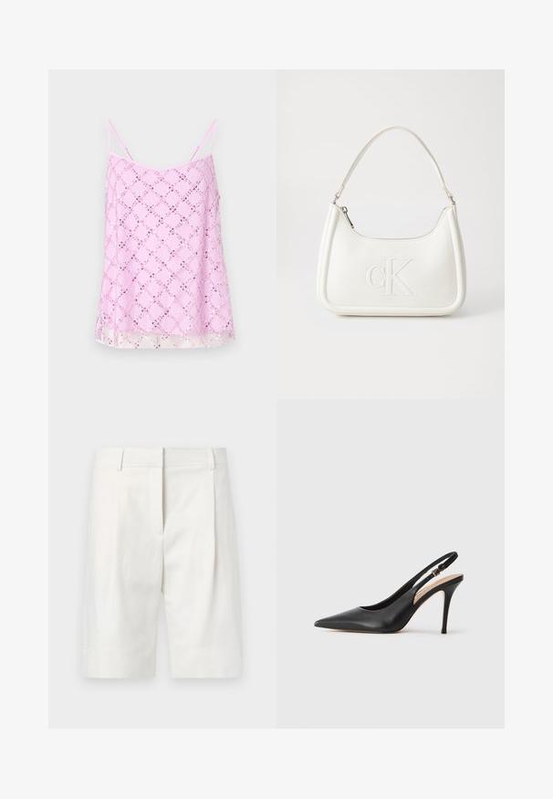 Rosa cami-top med tynne spaghetti-stropper, prydet med et glitrende paljettmønster i diamantform, med en gjennomsiktig kant og en glatt tekstur.; Lyse fargede skreddersydde shorts laget av bomull, med flat front, folder og rett kutt. Glatt tekstur med en klassisk finish.; Svart lær slingback høye hæler med spiss tå, glatt tekstur og en delikat stropp med en metallisk spenne.; Hvit lærveske med en buet fasong, med et preget "CK"-logo på forsiden og en enkel skulderstropp. Glidelåslukking på toppen.