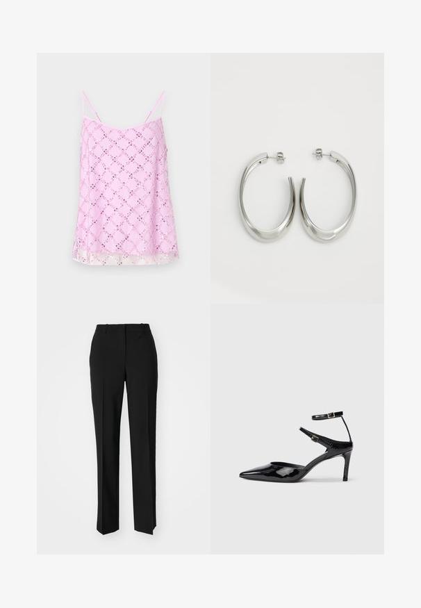 Roza top s tankimi naramnicami, okrašen s svetlečim sekvinskim diamantnim vzorcem, s prosojnim robom in gladko teksturo tkanine.; Črne krojene hlače s direktnim krojem, ki se ponašajo z gladko teksturo in ostrimi pregibi spredaj. Ni vidne kovine.; Črne lakirane čevlje z visoko peto in ožjim prstom, z nastavljivimi gležnjastimi trakovi in tankim peto. Gladka tekstura z sijočim zaključkom.; Srebrni uhani v obliki obroča z gladkim, ukrivljenim oblikovanjem. Imajo sijajno kovinsko površino in zapiranje na žebljiček. Brez vidnih vzorcev ali dodatkov.