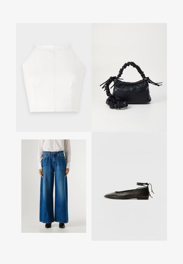 Top corto bianco con scollo a halter e spalline sottili, dettagli di cucitura minimi e una texture liscia. Design semplice e pulito con una vestibilità leggermente rilassata.; Jeans a gamba larga blu con vita alta, realizzati in denim, dotati di tasche anteriori e chiusura con bottone. Texture liscia con un lavaggio classico.; Ballerine in pelle nera con punta affusolata, laccio alla caviglia e suola piatta, caratterizzate da una texture liscia e un design minimalista.; Borsa a tracolla in ecopelle nera con texture a coccodrillo, apertura cinchata e tracolla arricciata. Si presenta con un design morbido e compatto.