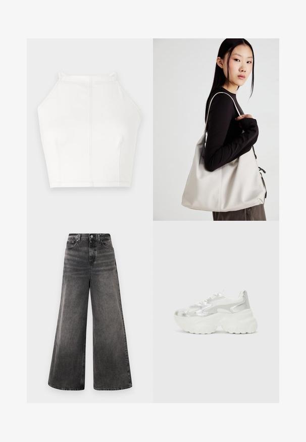 Top halter cropped branco com alças finas, detalhe de costura minimal e uma textura suave. Design simples e limpo com um ajuste ligeiramente relaxado.; Calças de ganga pretas de perna larga com um efeito desbotado, design de cinco bolsos e fecho de botão na cintura, apresentando detalhes costurados.; Sapatilha prateada com um cabedal em malha texturizada e detalhes iridescentes, apresentando uma sola branca robusta e fecho de atacador.; Uma bolsa bege feita de material macio, com um design descontraído, detalhes de costura e duas alças para o ombro. Adequada para uso diário.