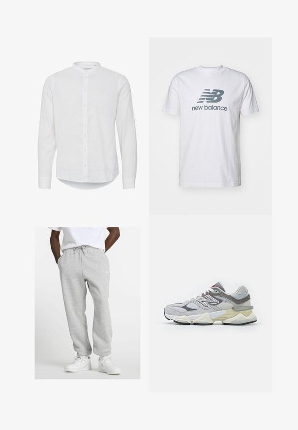 Valkoinen pitkähihainen paita, jossa on mandariinikaulus, napitus edessä ja hieman kaareva helma. Valmistettu kevyestä pellavakankaasta.; Valkoinen puuvillapaita, jossa on harmaa "NB" -logo ja "new balance" -teksti, lyhyet hihat, klassinen pyöreä kaula-aukko, sileä pinta.; Mies, joka pitää päällään vaaleanharmaita verkkohousuja, joissa on nyöri, sekä valkoisia lenkkareita, seisoo kädet taskuissa valkoista taustaa vasten.; Harmaa mokkanahka- ja verkkomateriaali sneakeri, jossa on paksu valkoinen ja beige pohja, jolle on ominaista näkyvä valkoinen logo ja punaiset yksityiskohdat.