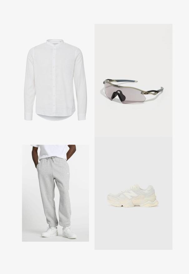 Bela srajca z dolgimi rokavi in mandarin ovratnikom, z gumbi spredaj in rahlo ukrivljenim robom. Narejena iz lahkega lanenega materiala.; Moški nosi svetlo sivo trenirko z vrvico in bele superge, stoji z rokami v žepih na beli podlagi.; Lahki športni čevlji z zgornjim delom iz mrežastega materiala in antilopa v nežnih kremnih tonih, z debelim podplatom in tridimenzionalnimi poudarki.; Sončna očala s prosojnim sivim okvirjem, toniranimi lečami in kotno obliko. Imajo značilno nosno oporo in teksturirane temne sive ročke.