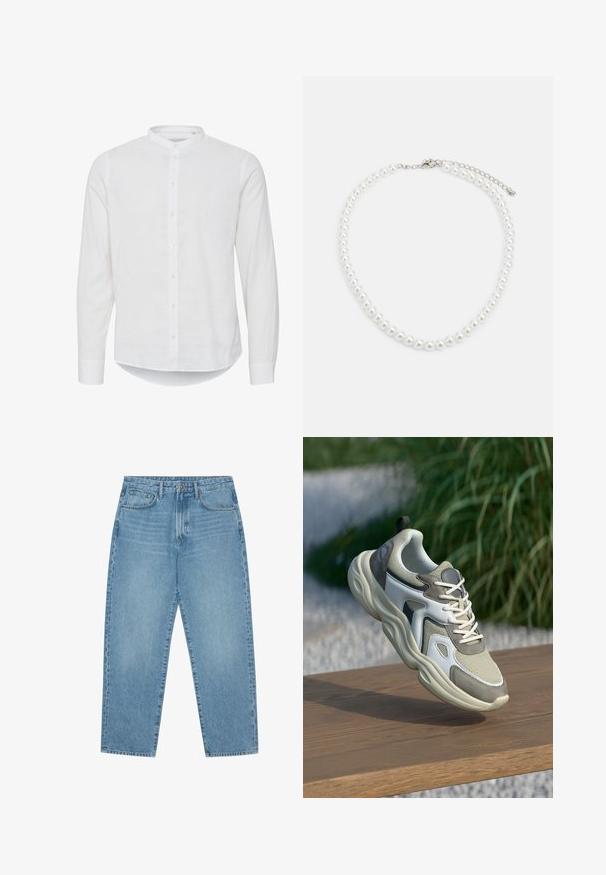 Hvid langærmet skjorte med mandarin-krave, knaplukning og en let buet kant. Fremstillet af letvægts linned.; Lys blå denim wide-leg jeans med høj talje, der har fem lommer, bæltestropper og en blød, let falmet tekstur.; Grå og hvid sneaker med en mesh-overdel, polstret tunge, teksturerede accenter og en tyk gummisål, hævet over en træoverflade.; Hvid perlekæde med ensartet rund form, glat overflade og metalspænde med forlængerkæde for justerbar længde.