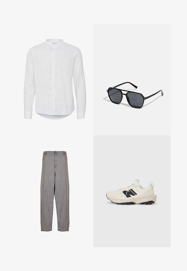 Chemise blanche à manches longues avec un col mandarin, bouton sur le devant et un ourlet légèrement incurvé. Fabriquée en lin léger.; Pantalons en denim gris avec une taille haute, coupe large, fermeture éclair à l'avant et bouton. Texture lisse avec un design minimaliste.; Baskets beige clair avec tige en mesh, logo noir et semelle texturée. Accentué par un motif géométrique sur la semelle intermédiaire.; Lunettes de soleil noires avec monture octogonale, verres foncés, finition brillante, branches fines et accents dorés sur l'avant.