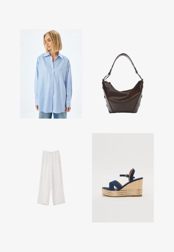 Blauw-wit gestreepte oversized blouse, gemaakt van lichtgewicht stof, met een knoopsluiting aan de voorkant en brede manchetten.; Witte wijde broek gemaakt van een lichte stof. Voorzien van een elastische tailleband met een trekkoord en zijzakken. Zachte textuur.; Marineblauwe wedge sandaal met gekruiste banden, een geprofileerd natuurlijk vezelplatform en een gouden metalen accent aan de basis.; Donkerbruine leren handtas met een gebogen vorm, ritsluiting en een korte handgreep. Voorzien van metalen hardware en decoratieve zwarte knopen aan de zijkant.