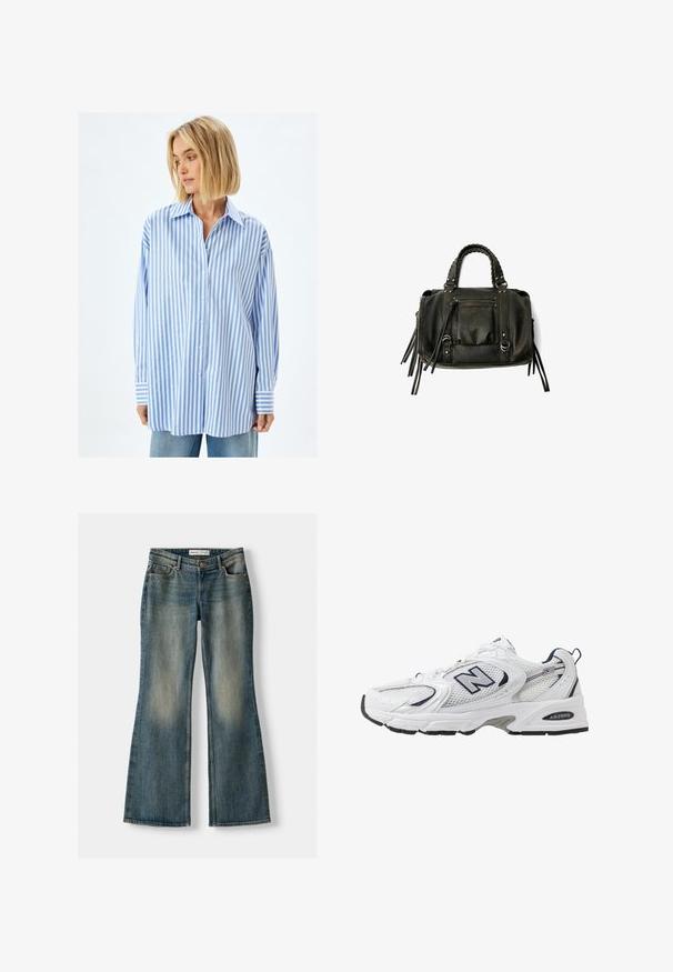 Blå og hvidstribet oversized skjorte lavet af letvægtsstof, med knaplukning foran og brede manchetter.; Blå flared jeans med en falmet vask, fem lommer og knaplukning. Materialet viser en denimtekstur med subtile syninger.; Hvide sportsko med netoverdel, marineblå detaljer og polstret sål. Har "N" logo, snørebånd og struktureret detalje på siden.; Sort læderhåndtaske med flettede håndtag, lynlåslomme og hængende frynser. Tekstureret overflade med metalnitter og hardware-accenter.