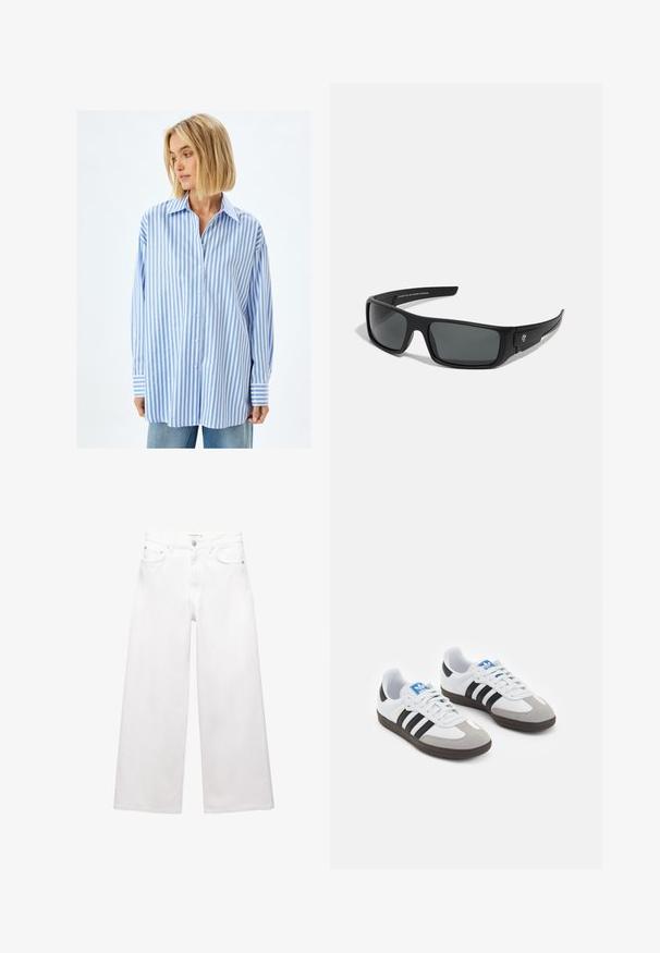 Niebiesko-biała, w paski, oversizedowa koszula, wykonana z lekkiego materiału, z guzikiem z przodu i szerokimi mankietami.; Białe dżinsy o szerokich nogawkach wykonane z bawełny, z wysokim stanem, pięcioma kieszeniami oraz mosiężnymi detalami. Gładka, nieprzetarta faktura.; Buty sportowe z białą skórzaną cholewką, szarym zamszowym noskiem i trzema czarnymi paskami. Posiadają niebieskie logo na języku oraz teksturowaną gumową podeszwę.; Czarne okulary przeciwsłoneczne o prostokątnym kształcie, ciemnoszare soczewki i gładkie plastikowe wykończenie. Zauważalny akcent z logo po stronie.; Czarna skórzana torba na ramię o gładkiej fakturze, zaokrąglonym wierzchu i pojedynczym pasku. Posiada zamek błyskawiczny i minimalistyczny design.