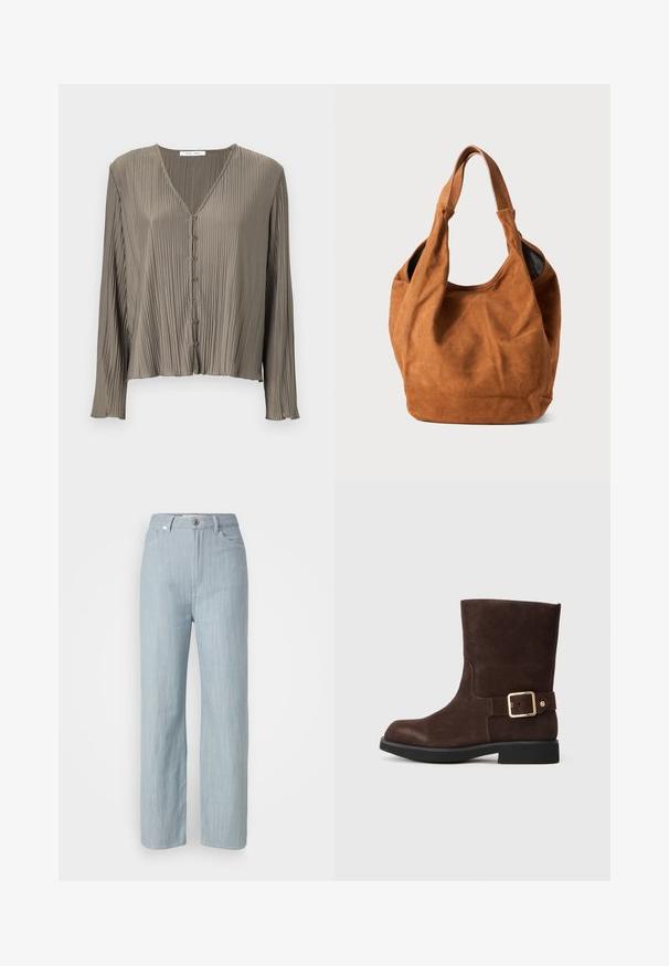 Blusa a maniche lunghe plissettata verde oliva, con scollatura a V e sei bottoni sul davanti. Texture liscia e lucida.; Jeans dritti blu chiaro in denim. Presentano cinque tasche, una chiusura con bottone in metallo e leggere sfumature per aggiungere texture.; Stivale alla caviglia in suede marrone con punta arrotondata, suola nera piatta e dettaglio in oro con fibbia sul lato. Texture liscia e design semplice.; Borsa a spalla in suede marrone con una texture morbida, forma curvata e due manici. Presenta un design minimalista senza hardware o accenti visibili.