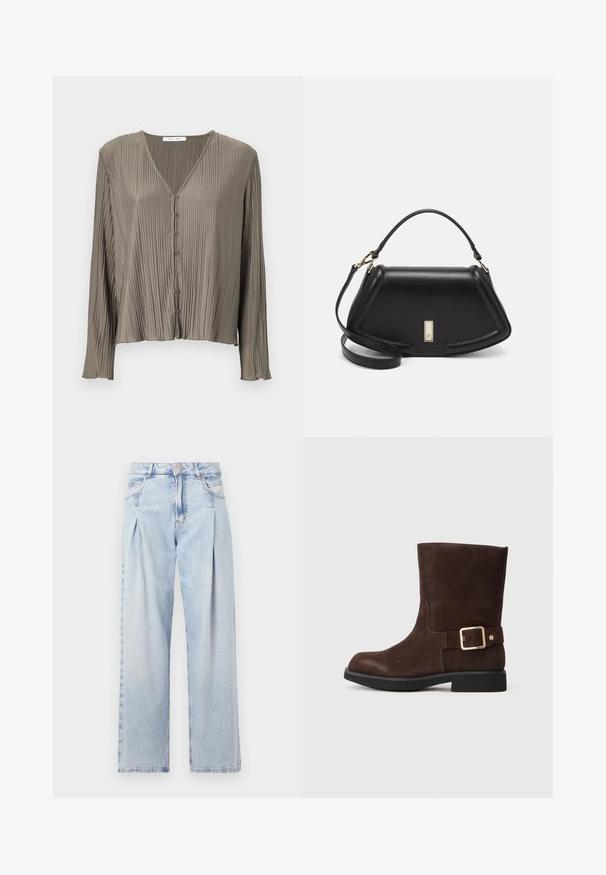 Pleated long-sleeve blouse in olive green, featuring a V-neckline and six buttons down the front. Smooth, shiny texture.; Light blue denim jeans with a high waist, wide-leg cut, two side pockets, and pleated design feature. Soft texture with a faded finish.; Brown suede ankle boot with a rounded toe, flat black sole, and gold buckle accent on the side. Smooth texture and simple design.; Black leather handbag with a structured design, featuring a cropped shape, top handle, and gold hardware accent. Adjustable shoulder strap included.