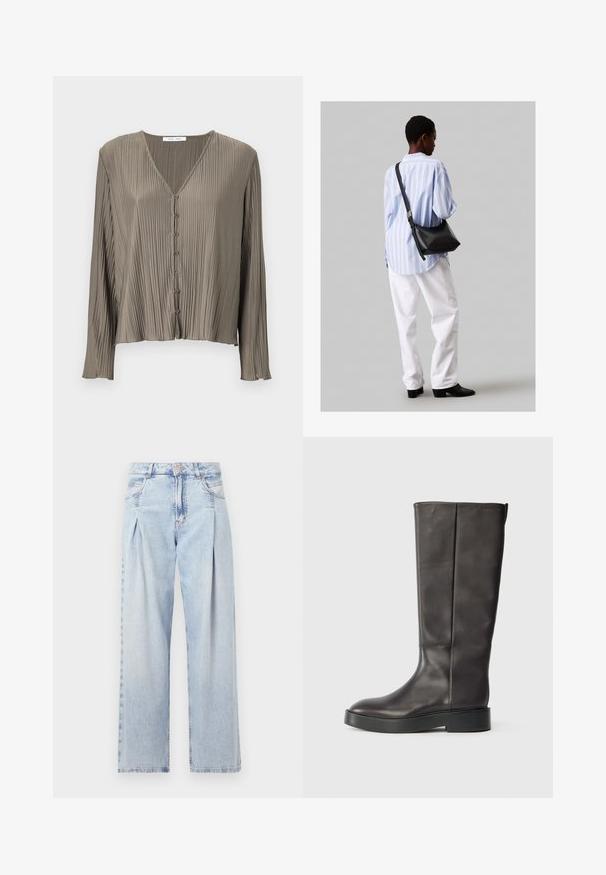 Záhybová blúzka s dlhými rukávmi v olivovo zelenej farbe, s výstrihom do V a šiestimi gombíkmi na prednej strane. Hladká, lesklá textúra.; Svetlomodré džínsy s vysokým pásom, širším strihom po celej dĺžke, dvoma bočnými vreckami a skladaným dizajnom. Mäkka textúra s vyblednutým vzhľadom.; Čierne kožené čižmy po kolená s hrubou podrážkou a jemným logom Calvin Klein blízko horného okraja, zobrazené z boku.; Čierna kožená ramenná taška so mäkkou textúrou, trojuholníkovým tvarom a nastaviteľným popruhom, skombinovaná s svetlomodrou pruhovanou košeľou a bielymi nohavicami.