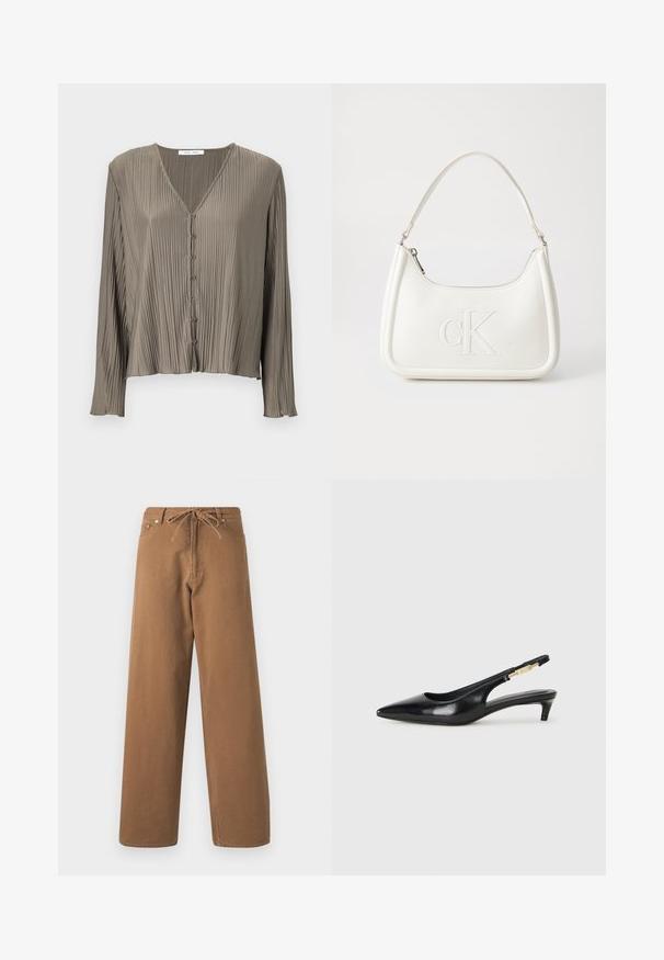 Bluză plisată cu mânecă lungă, de culoare verde măslin, cu decolteu în V și șase nasturi pe față. Textură netedă și strălucitoare.; Pantaloni largi maro din bumbac, cu un brâu cu șnur și două buzunare frontale. Material texturat cu un finisaj neted.; Sandale slingback din piele neagră cu vârf ascuțit, având un toc subțire și un accent de culoare aurie pe curea ajustabilă. Textură netedă.; Geantă de umăr din piele albă cu formă curbată, având un logo "CK" embosat pe partea din față și un singur braț de umăr. Închidere cu fermoar în partea de sus.