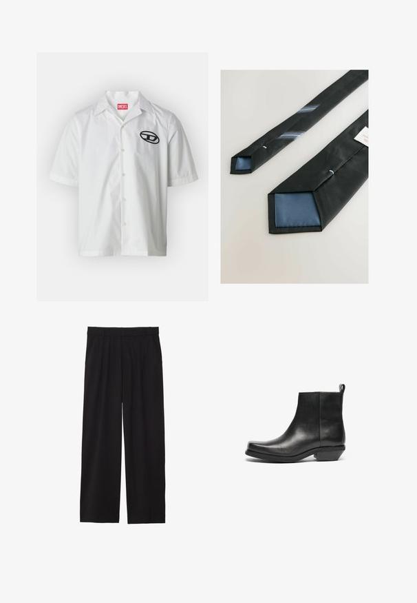 Kurzärmliges weißes Hemd aus Baumwolle mit Kragen, mit schwarzem gesticktem Logo auf der linken Seite und Knopfverschluss.; Schwarze, weite Hose mit gefälteltem Vorderteil, seitlichen Taschen und einer glatten Stoffstruktur. Entworfen für eine entspannte Passform.; Schwarze Leder-Ankle Boots mit spitz zulaufender Zehenpartie und niedrigem Blockabsatz. Elegantes Design mit glatter Oberfläche und Zuglasche für ein einfaches An- und Ausziehen.; Zwei Krawatten: eine einfarbig schwarze mit einem diagonalen blauen und grauen Streifen und eine andere einfarbig schwarze mit einem blauen Satinende. Strukturierter Stoff.