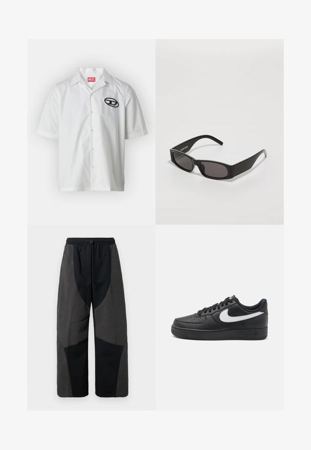 Lyhythihainen valkoinen puuvillapaita, jossa on kaulus, mustalla brodeeratulla logolla vasemmalla puolella ja nappisuljenta.; Mustat housut, joissa on fleecetaustaa ja rento malli, featuring kontrastisia tummanharmaita kangaspaneeleja sekä säädettävä nauhavyötärö.; Mustat Nike Air Force 1 -kengät, joissa on sileä nahkapinta, valkoinen logo, rei'itetty varvasosa ja teksturoitu kumipohja.; Mustat suorakulmaiset aurinkolasit tummilla linsseillä, sileä muovikehys ja hienovarainen logo vasemmassa varressa. Minimalistinen muotoilu.