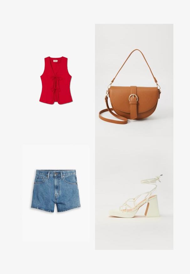 Röd ärmlös topp med djup V-ringning och två framsnören, tillverkad av en slät tyg med en figurnära design och subtil textur.; Jeansshorts i ljusblått, med fem fickor, dragkedja och knäppning. Stapeldelen är fransig med en avslappnad passform.; Vit högklackad sandal med en kraftig klack, med ett remdesign och ankelband. Slät textur med en plattform framtill för ökad höjd.; Brun läder crossbody-väska med en böjd form, gyllene detaljer och en spänneaccent. Har en avtagbar axelrem.