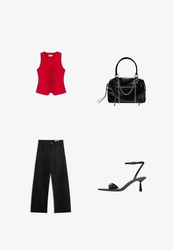 Červený bezrukávový top s hlbokým výstrihom do V a dvoma prednými viazaniami, vyrobený z hladkého materiálu s priliehavým strihom a jemnou textúrou.; Čierne denimové nohavice s širokými nohavicami a vysokým pásom, so prednými a zadnými vreckami, šitými švami a zapínaním na gombík. Hladká textúra.; Bershka Sandále na vysokom opätku - black; Bershka WITH CHAIN - Kabelka - black