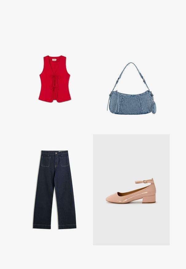 Rode mouwloze top met een diepe V-hals en twee strikjes aan de voorkant, vervaardigd uit gladde stof met een aansluitend ontwerp en subtiele textuur.; Donkerblauwe wijde jeans gemaakt van denim met contrasterende tan stiksels, twee achterzakken en een knoopsluiting bij de taille.; Patentleren roze ballerina met een ronde punt, enkelbandje en een lage blokhak. Gladde textuur en minimalistisch ontwerp.; Denim handtas met een gebogen vorm, lichtblauwe kleur, verstelbare schouderriem en een kleine afneembare pouch met metallic accenten.