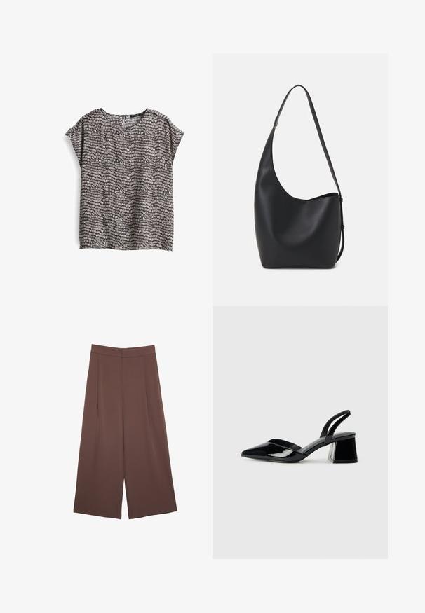 Blusa a maniche corte, morbida e di taglio ampio, di colore grigio scuro con stampa astratta bianca. Tessuto morbido, scollatura rotonda e spacchi laterali nell'orlo.; Pantaloni ampi marroni con una texture liscia, caratterizzati da una vita alta e pieghe frontali. Il tessuto è leggero e scorre liberamente.; Décolleté in vernice nera con punta affusolata e tacco in geometria cubica. Presentano un design elegante e minimalista, con una texture liscia.; Borsa hobo nera in pelle con una superficie liscia, forma curvata e una singola tracolla regolabile; presenta un'ampia apertura nella parte superiore.