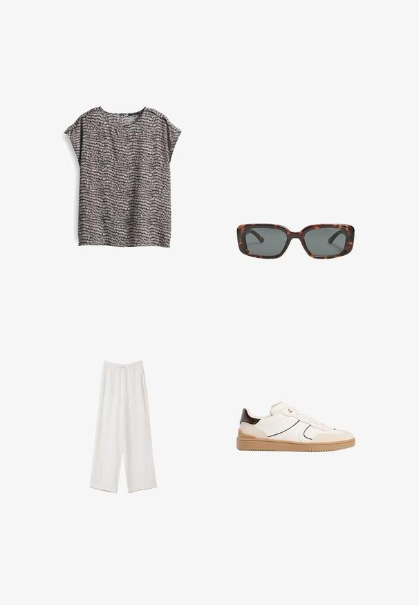 Kurzärmlige, locker sitzende Bluse in Dunkelgrau mit weißem abstrakten Muster. Weicher Stoff, runder Ausschnitt und seitliche Schlitze am Saum.; Weiße weit geschnittene Hose aus leichtem Stoff. Mit einem elastischen Bund und Kordelzug sowie Seitentaschen. Glatte Textur.; Stradivarius Sneaker low - white; Sonnenbrille im Schildpatt-Design mit rechteckigen Gläsern, dicken Rahmen und dunkelgetönten Gläsern. Glatte Textur und minimalistisches Design.
