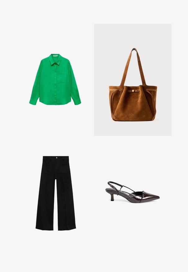 Groene linnen overhemd met lange mouwen en een kraag, met een sluiting aan de voorkant met knopen en een borstzak aan de linkerkant. Glad textuur en een relaxte pasvorm.; Zwarte denim broek met wijde pijpen, hoge taille, voorzakken, ceintuurlussen en knoopsluiting.; Bruine gepatineerde leren slingback pump met een spitse neus, kleine blokhak, kruisbandontwerp en decoratieve strikdetail aan de voorkant.; Bruine suède totebag met dubbele handvaten, een knoopsluiting en een ontspannen, iets slonzige vorm.