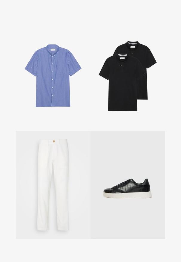 Kratka majica s dugim rukavima, modro-bele vertikalne pruge. Ima oštar okovratnik i džep na grudima. Napravljena od laganog materijala.; Dve črne polo majice, kratke rokave, iz bombažnega materiala, z klasik ovratnikom, dvobodno zaponko in belimi črtkami znotraj ovratnika.; Beli tkaninski hlače s ravnim krojem, ki imajo dve sprednji žepi in zapiranje na gumb. Gladka tekstura in čista zasnova.; Črne športne copate z zgornjim delom iz teksturirane usnjene tkanine s kroko, zaobljenim nosom in kontrastnim belim gumijastim podplatom z gladko površino.