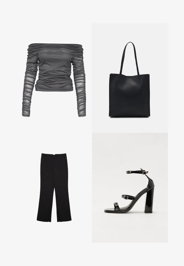 Top s naramenicama u tamnosivoj boji, izrađen od prozirnog, teksturiranog materijala; sadrži naborane detalje na rukavima i tijelu kako bi se postigao uski izgled.; Crne hlače ravnog kroja, s prednjim džepovima i bočnim prorezima na rubu. Izrađene od mekog i glatkog materijala. Pogodne za razne prigode.; Crne lakirane sandale na pete sa kvadratnim nosom, trakama oko gležnja i srebrnim kopčama. Imaju čvrst blok petu za stabilnost.; Crna kožna torba za nošenje s glatkom teksturom, pravokutnim oblikom i dvije duge ručke. Nema vidljivih metalnih dijelova ili ukrasa.