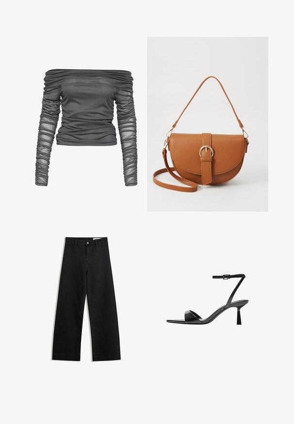 Off-the-shoulder top in dark gray, made of sheer, textured fabric; features gathered detailing on sleeves and body for a fitted look.; Black wide-leg denim pants with a high waist, featuring front and back pockets, stitched seams, and a button closure. Smooth texture.; Bershka High heeled sandals - black; Brown leather crossbody bag with a curved shape, gold hardware, and a buckle accent. Features a detachable shoulder strap.