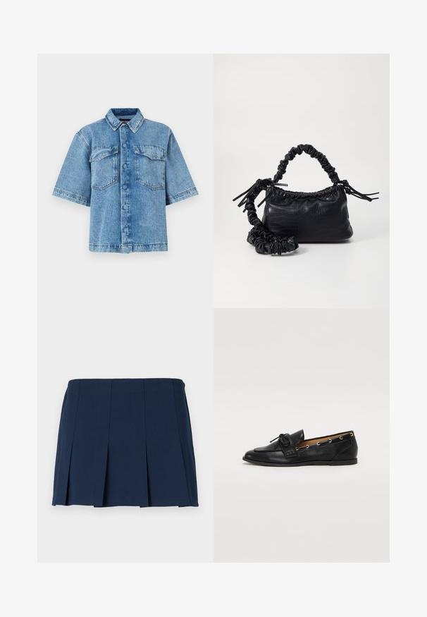 Camisa de ganga de mangas curtas em azul claro, com colarinho espalhado, dois bolsos no peito e fecho frontal com botões, com um corte descontraído e costuras visíveis.; Saia mini plissada azul-marinho com um cós reto, feita de um tecido liso. Apresenta costuras verticais ao longo dos pregas.; Mocassins de couro preto com um laço atado, apresentando detalhes de ilhós dourados nas laterais e uma sola de borracha plana. Textura suave, design clássico.; Bolsa de mão em couro sintético preto com textura de crocodilo, topo franzido e alça enrugada. Apresenta um design suave e compacto.