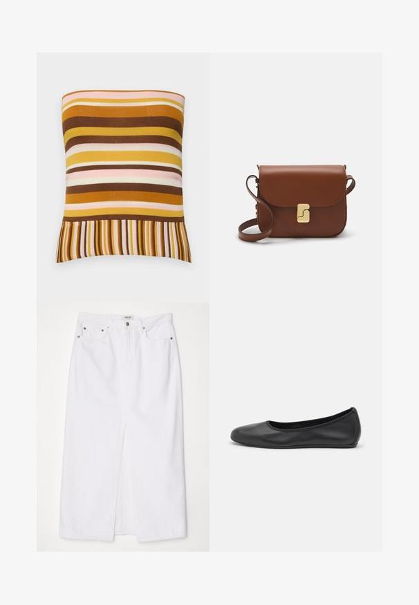 Strapless ribbed top featuring horizontal stripes in shades of brown, yellow, and pink, with a flared hem of alternating thin stripes.; White denim skirt featuring a front slit, five-pocket design, metal button and zipper closure, and stitched hem details.; Black leather ballet flat with a rounded toe, smooth texture, minimal stitching detail, and a flexible sole design.; Brown leather handbag with a flap closure, gold-tone hardware, a shoulder strap, and a smooth texture. Compact rectangular shape.