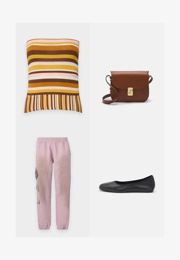 Stropeløs ribbet top med horisontale striber i nuancer af brun, gul og pink, med en flagrende bund bestående af vekslende tynde striber.; Hvid kortærmet t-shirt lavet af ribbet stof. Rund halsudskæring, almindelig pasform og subtile syninger. Ingen mønstre eller grafik.; Lyserøde sweatpants med elastisk talje, prydet med dekorative patches i diamantform på venstre side og elastiske manchetter ved anklerne.; Sort læderballetsko med rund tå, glat tekstur, minimal syning og et fleksibelt såldesign.; Brun læder håndtaske med flaplukning, hardware i gyldent tone, en skulderrem og en glat overflade. Kompakt rektangulær form.
