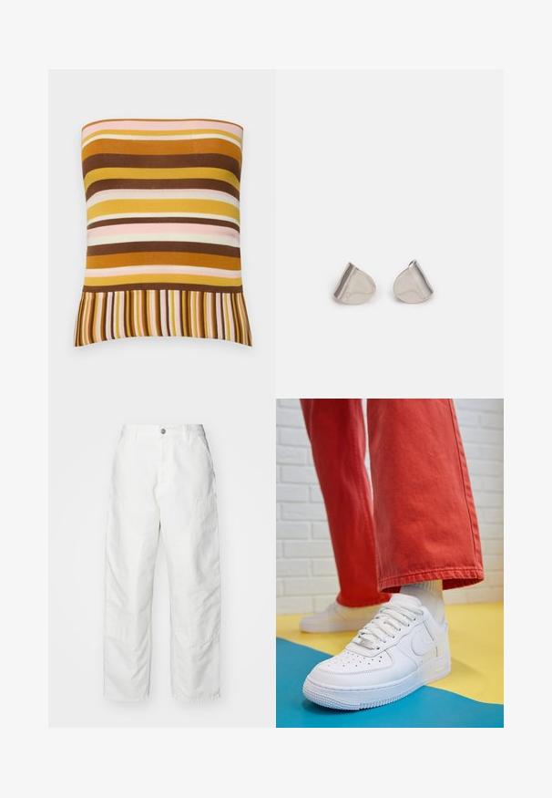Top bez naramenica s rebrastim uzorkom i horizontalnim prugama u nijansama smeđe, žute i ružičaste, s lepršavim rubom od naizmjeničnih tankih pruga.; Bijele cargo hlače od denima, s opuštenim krojem, bočnim džepovima i vidljivim detaljima šivanja. Jednostavna prednja strana s kopčanjem na dugme.; Bijele kožne tenisice s perforiranim prednjim dijelom, teksturiranim đonom i bijelim vezicama, u kombinaciji s širokim crvenim hlačama i plavo-žutom pozadinom.; Srebrne metalne naušnice s glatkim, oblikom suze i poliranim završetkom. Suptilni utori dodaju detalje. Minimalistički dizajn.