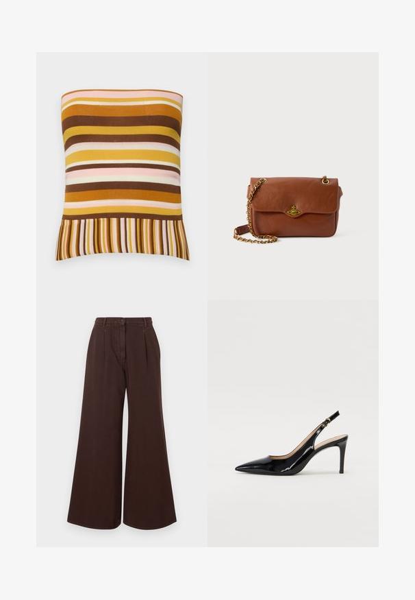 Top senza spalline a costine con righe orizzontali nelle tonalità di marrone, giallo e rosa, con orlo svasato di strisce sottili alternate.; Pantaloni brown a vita alta e gamba larga con chiusura a bottoni e cerniera, passanti per cintura e pieghe frontali.; Pumps slingback in pelle verniciata nera con punta affilata, tacco sottile e un design con ritagli delicati. Caratterizzate da una fibbia dorata sul cinturino.; Borsa a tracolla in pelle marrone con chiusura a patta, hardware dorato e tracolla a catena. Texture liscia, forma rettangolare, dettagli minimi.