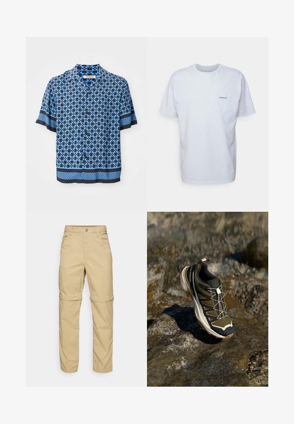 Chemise à manches courtes à boutons en bleu et marine, avec un motif géométrique. Fabriquée en tissu léger avec une coupe décontractée et un col plat.; T-shirt en coton blanc à manches courtes, col rond et poche sur la poitrine gauche, arborant un logo "Patagonia" bleu. Coupe classique avec une texture lisse.; Pantalons dézippables beige avec une texture lisse, dotés de deux poches latérales, d'une fermeture à bouton et de poignets retroussables pour plus de polyvalence.; Chaussure de randonnée en vert olive et noir avec des accents roses. Elle présente un dessus texturé, une semelle flexible, une coque avant renforcée et un système de laçage coloré.