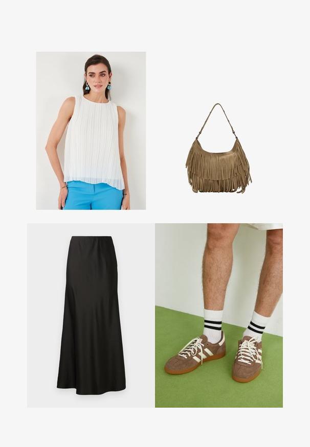Bjela plisirana bezrukavna bluzica s okruglim izrezom, prozirne teksture i blago dužim rubom sprijeda, u kombinaciji s plavim hlačama.; Crna saten maxi suknja s glatkom teksturom, visokim strukom i razvedenim donjim dijelom. Ima jednostavan dizajn bez vidljivih uzoraka ili hardvera.; Smeđe nubuk tenisice s bijelim detaljima i vezicama. Gumeni potplat. Nosene s bijelim čarapama s crnim prugama. Zeleno teksturirano pod.; Smešena smeđa suđena torba s dugim resicama, zakrivljenim oblikom i jednim remenom za rame. Ima glatku, teksturiranu površinu.; Stradivarius SET - Narukvica - dark brown