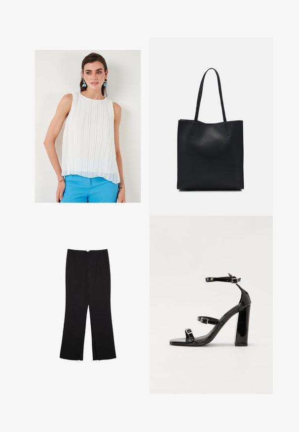 Hvid plisseret ærmeløs bluse med rund halsudskæring, gennemsigtig tekstur og en let længere kant foran, parret med blå bukser.; Sorte bukser med lige pasform, der har frontlommer og slidser i kanten. Lavet af blødt, glat stof. Velegnet til forskellige anledninger.; Sorte patenterede hælsandaler med firkantet tå, ankelremme og sølvspænder. Har en chunky blokHæl for stabilitet.; Sort læder tote taske med glat tekstur, rektangulær form og to lange hanke. Ingen synlig hardware eller udsmykninger.