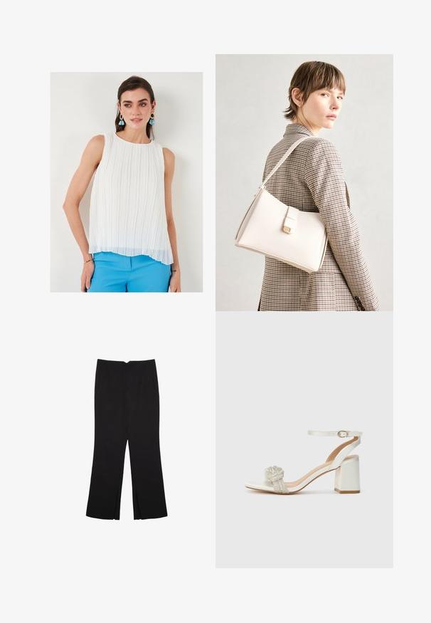 Bílý plisovaný bezrukávový top s kulatým výstřihem, průsvitnou texturou a mírně delším předním lemem, spárovaný s modrými kalhotami.; Černé kalhoty s rovným střihem, s předními kapsami a bočními rozparky na lemu. Vyrobené z jemné, hladké tkaniny. Vhodné na různé příležitosti.; Bílé otevřené sandály s tlustým blokovým podpatkem, s texturovaným třpytivým páskem přes nohu a nastavovacími pásky kolem kotníku.; Bílá kožená kabelka se strukturálním designem, s magnetickým uzávěrem a ramenním popruhem, prezentovaná na neutrálním pozadí.