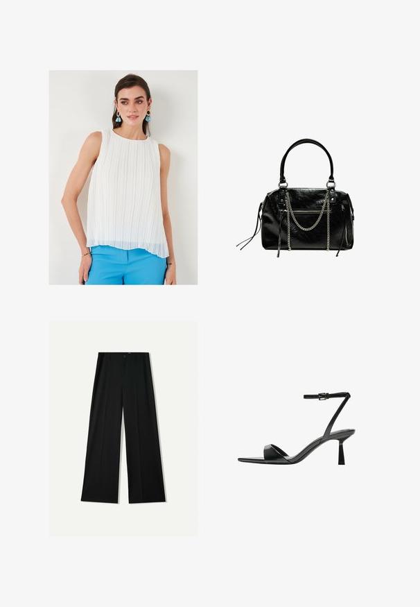 Blouse sans manches plissée blanche avec un col arrondi, texture transparente et un ourlet légèrement plus long à l'avant, associée à un pantalon bleu.; Bershka WIDE - Pantalon classique - black; Bershka Sandales à talons hauts - black; Bershka WITH CHAIN - Sac à main - black